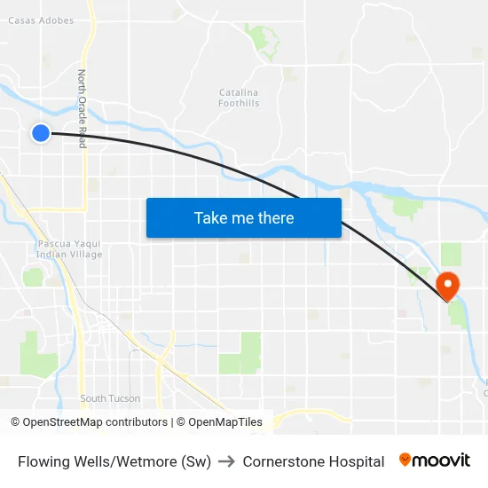 Flowing Wells/Wetmore (Sw) to Cornerstone Hospital map
