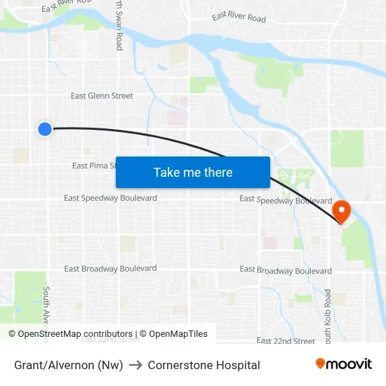 Grant/Alvernon (Nw) to Cornerstone Hospital map