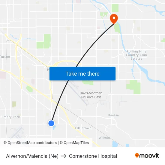 Alvernon/Valencia (Ne) to Cornerstone Hospital map