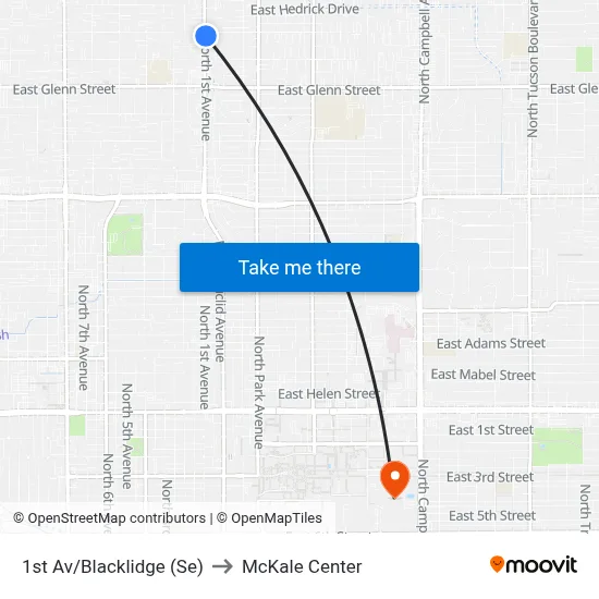 1st Av/Blacklidge (Se) to McKale Center map