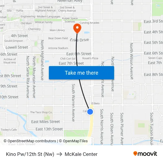 Kino Pw/12th St (Nw) to McKale Center map