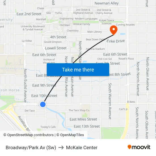 Broadway/Park Av (Sw) to McKale Center map