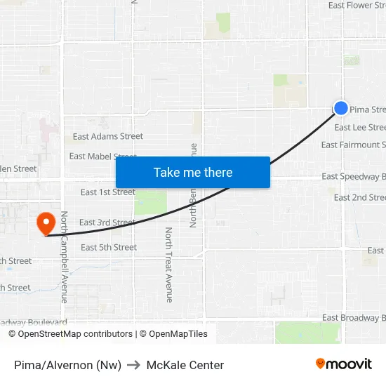 Pima/Alvernon (Nw) to McKale Center map