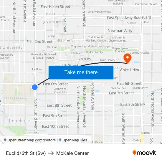 Euclid/6th St (Sw) to McKale Center map