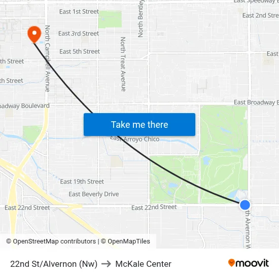 22nd St/Alvernon (Nw) to McKale Center map