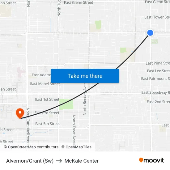 Alvernon/Grant (Sw) to McKale Center map