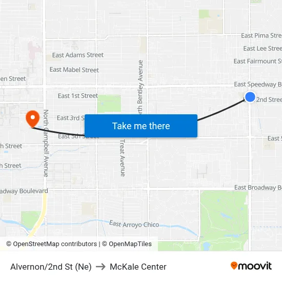 Alvernon/2nd St (Ne) to McKale Center map