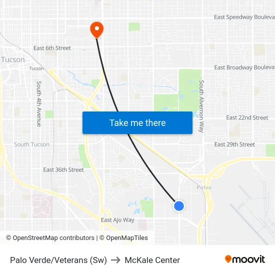 Palo Verde/Veterans (Sw) to McKale Center map