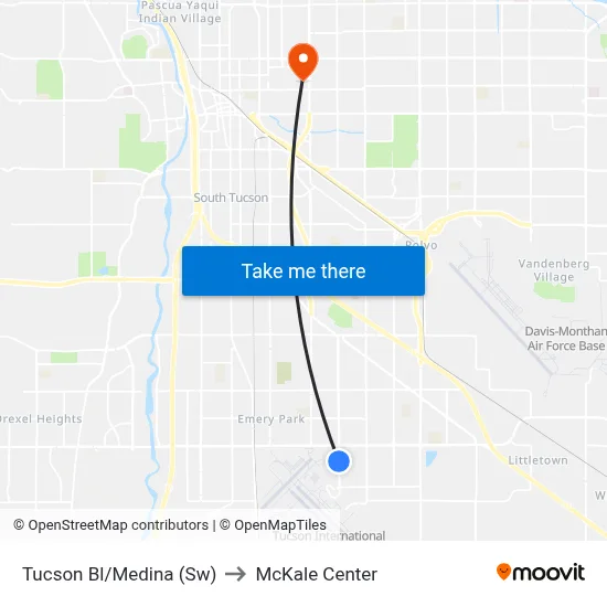 Tucson Bl/Medina (Sw) to McKale Center map