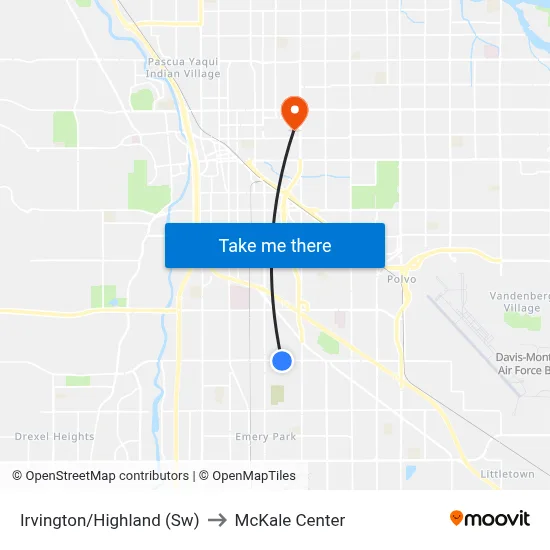 Irvington/Highland (Sw) to McKale Center map