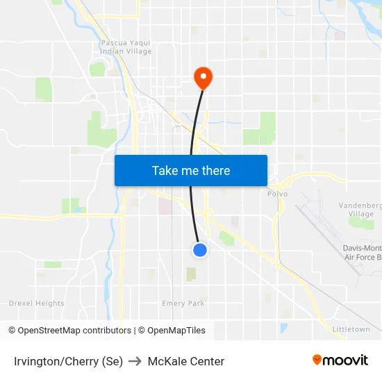 Irvington/Cherry (Se) to McKale Center map