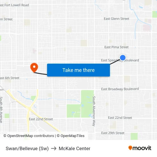 Swan/Bellevue (Sw) to McKale Center map