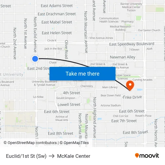 Euclid/1st St  (Sw) to McKale Center map