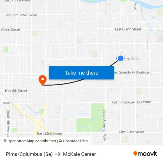 Pima/Columbus (Se) to McKale Center map