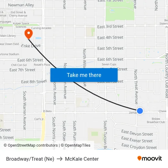 Broadway/Treat (Ne) to McKale Center map