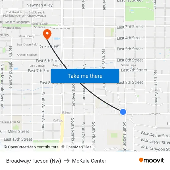 Broadway/Tucson (Nw) to McKale Center map