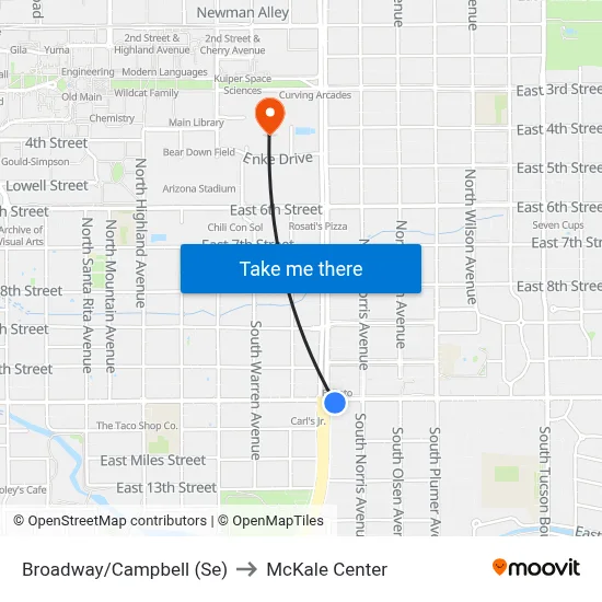 Broadway/Campbell (Se) to McKale Center map