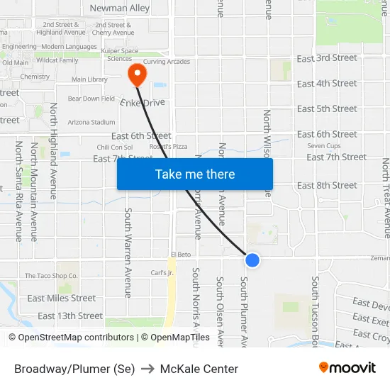 Broadway/Plumer (Se) to McKale Center map