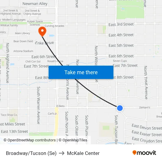 Broadway/Tucson (Se) to McKale Center map