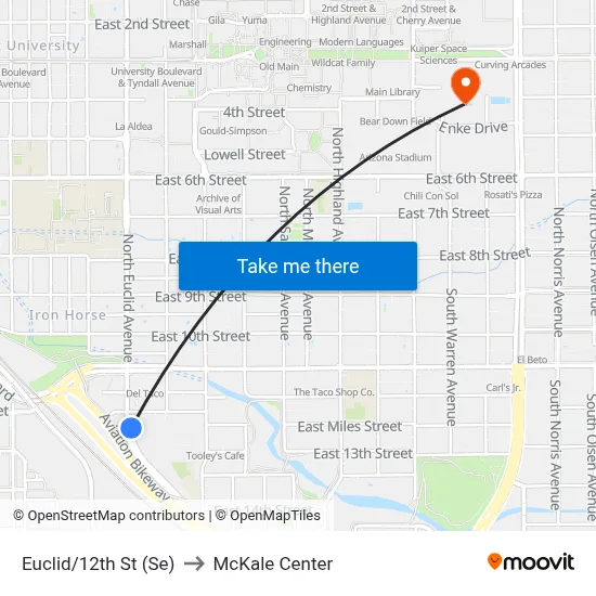 Euclid/12th St (Se) to McKale Center map