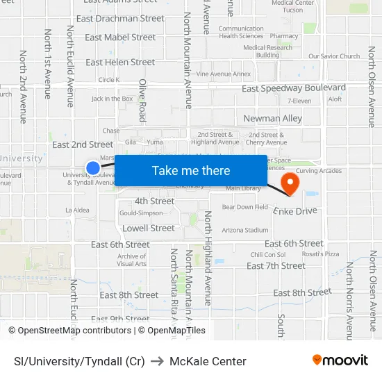 Sl/University/Tyndall (Cr) to McKale Center map