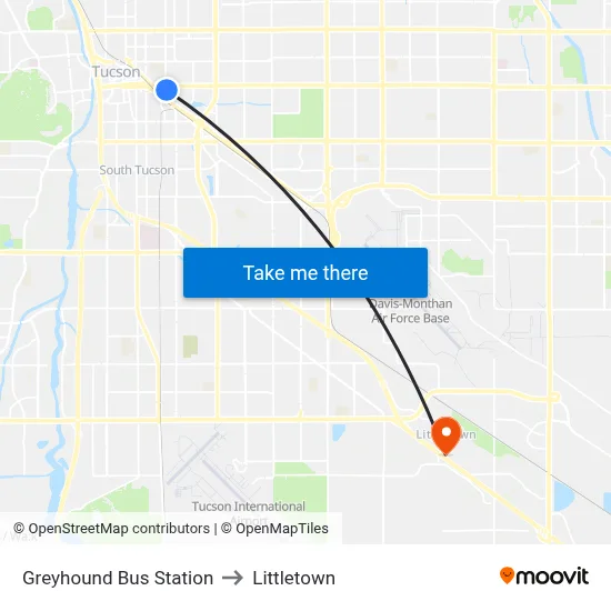 Greyhound Bus Station to Littletown map