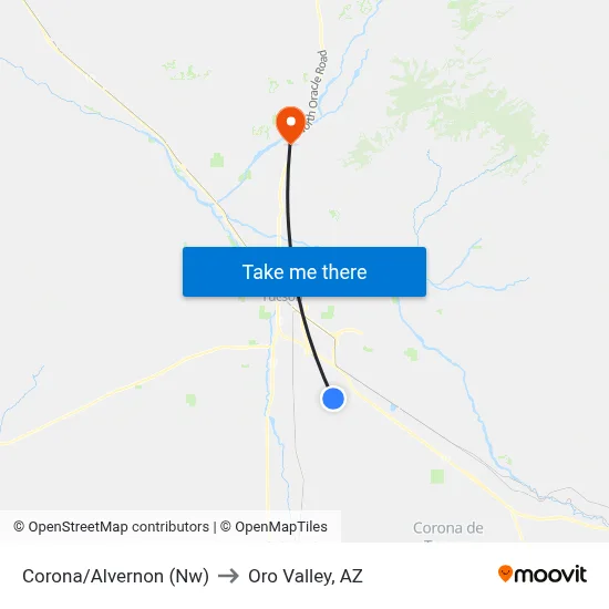 Corona/Alvernon (Nw) to Oro Valley, AZ map