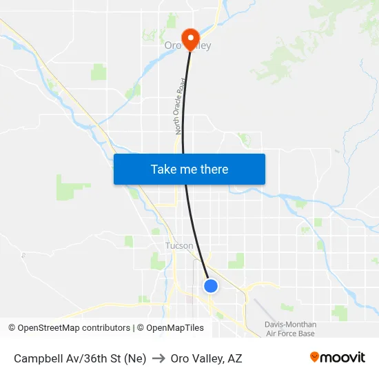 Campbell Av/36th St (Ne) to Oro Valley, AZ map