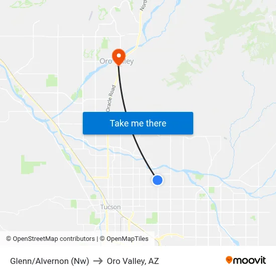 Glenn/Alvernon (Nw) to Oro Valley, AZ map