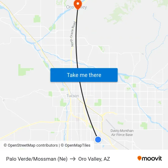 Palo Verde/Mossman (Ne) to Oro Valley, AZ map