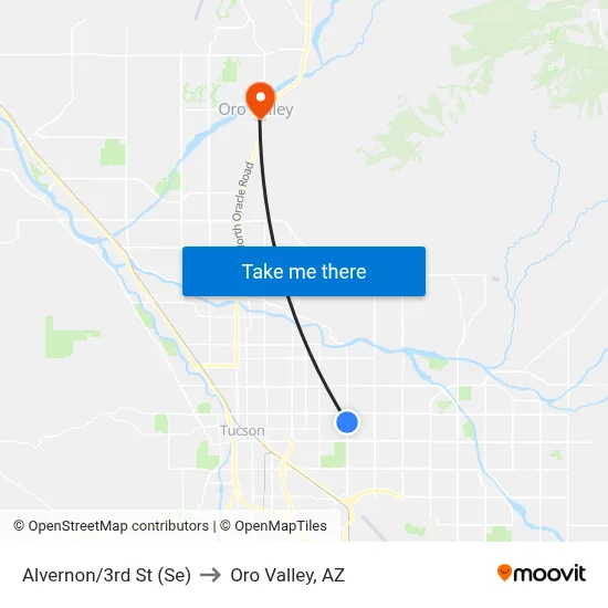 Alvernon/3rd St (Se) to Oro Valley, AZ map