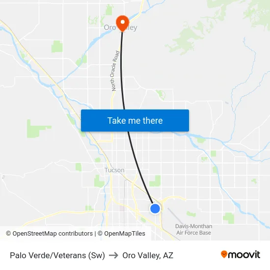 Palo Verde/Veterans (Sw) to Oro Valley, AZ map