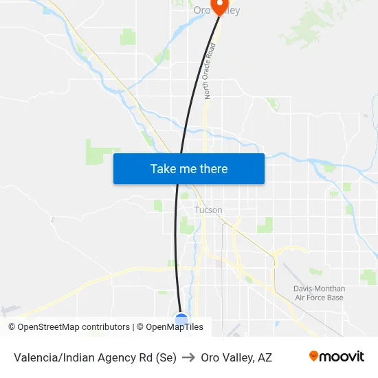 Valencia/Indian Agency Rd (Se) to Oro Valley, AZ map