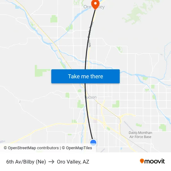 6th Av/Bilby (Ne) to Oro Valley, AZ map