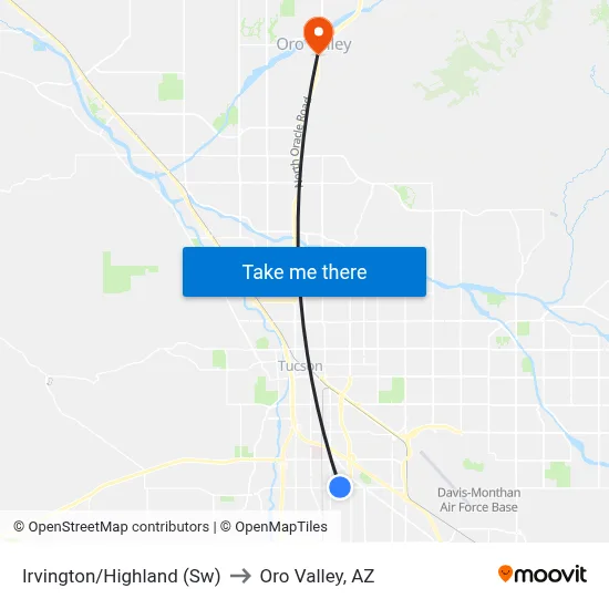 Irvington/Highland (Sw) to Oro Valley, AZ map