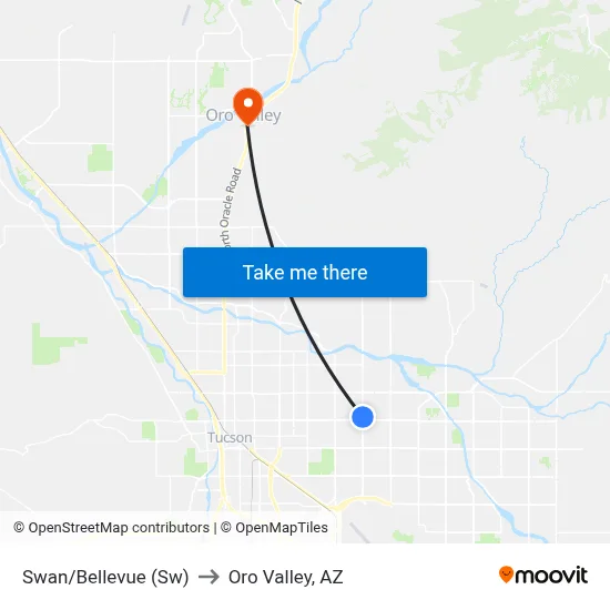 Swan/Bellevue (Sw) to Oro Valley, AZ map