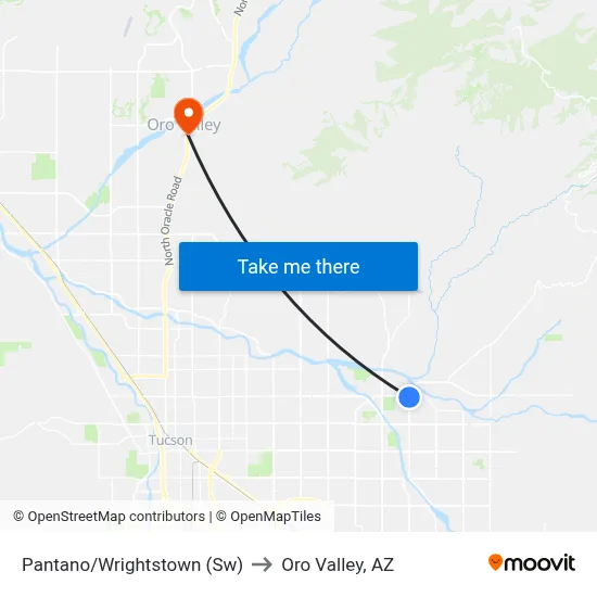 Pantano/Wrightstown (Sw) to Oro Valley, AZ map