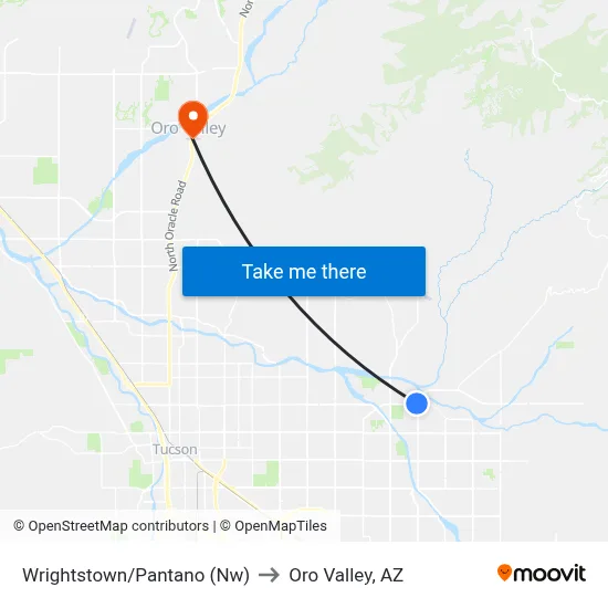 Wrightstown/Pantano (Nw) to Oro Valley, AZ map