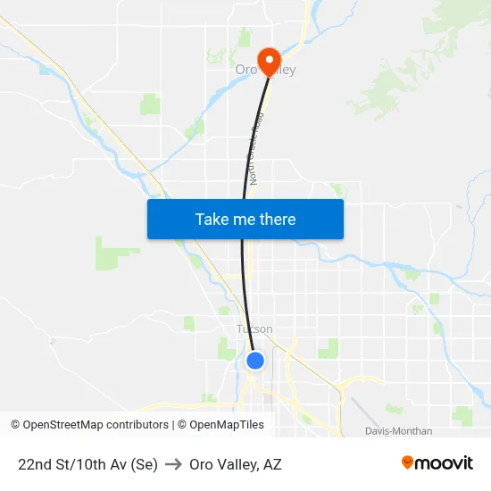 22nd St/10th Av (Se) to Oro Valley, AZ map