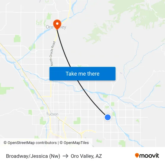 Broadway/Jessica (Nw) to Oro Valley, AZ map