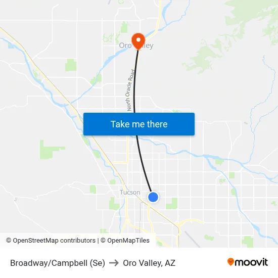 Broadway/Campbell (Se) to Oro Valley, AZ map