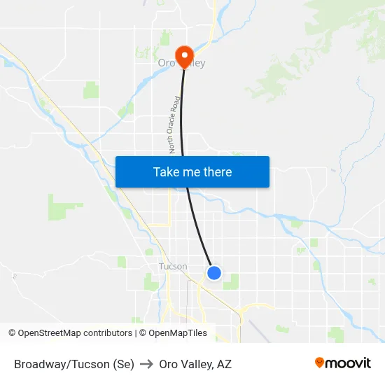 Broadway/Tucson (Se) to Oro Valley, AZ map