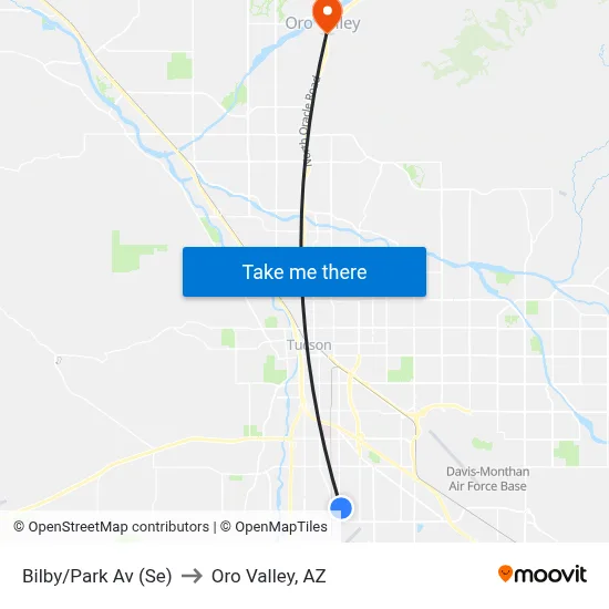 Bilby/Park Av (Se) to Oro Valley, AZ map