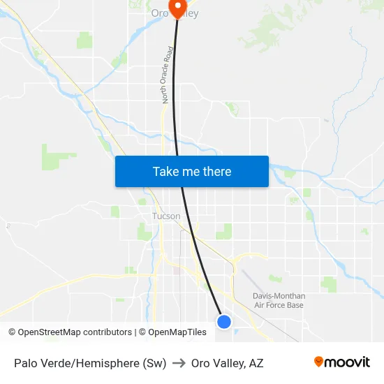 Palo Verde/Hemisphere (Sw) to Oro Valley, AZ map
