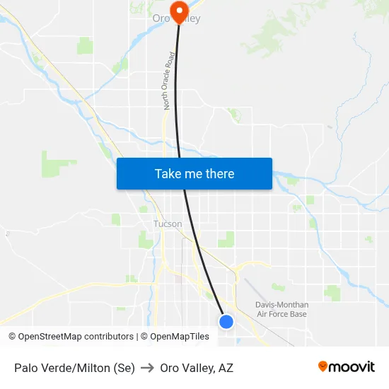 Palo Verde/Milton (Se) to Oro Valley, AZ map