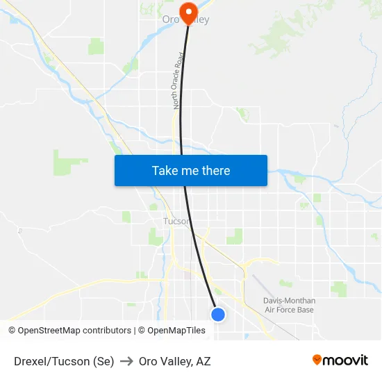 Drexel/Tucson (Se) to Oro Valley, AZ map