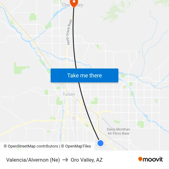 Valencia/Alvernon (Ne) to Oro Valley, AZ map