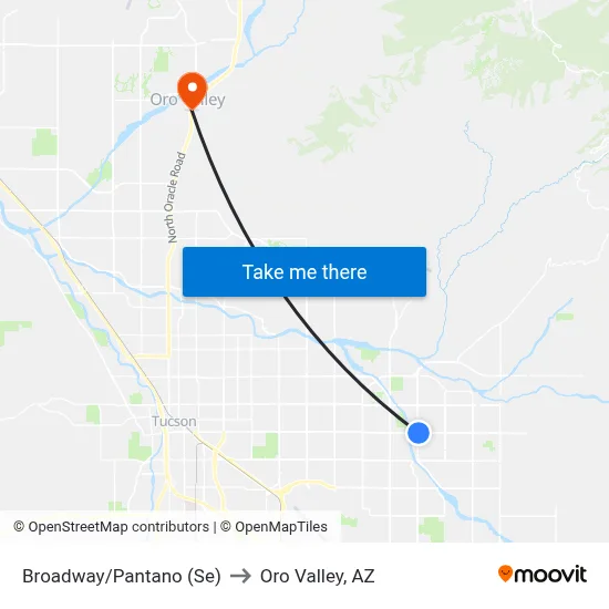 Broadway/Pantano (Se) to Oro Valley, AZ map