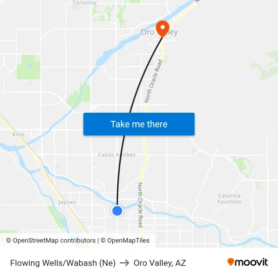 Flowing Wells/Wabash (Ne) to Oro Valley, AZ map