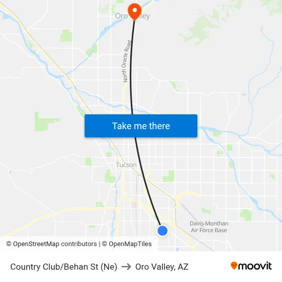 Country Club/Behan St (Ne) to Oro Valley, AZ map